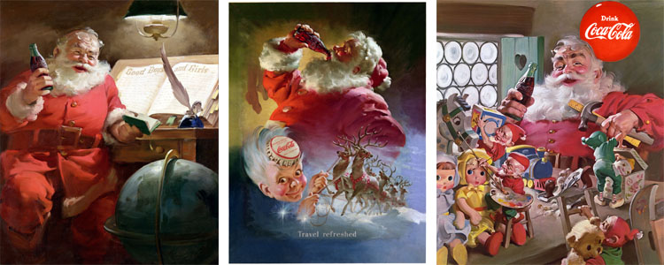 De kerstman volgens Sundblom in respectievelijk 1949, 1951 en 1953. Bron: thecoca-colacompany.com
