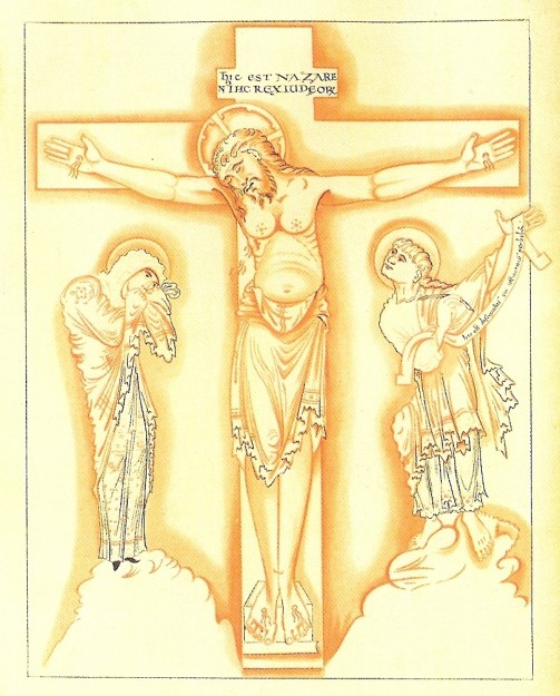De kruisiging van Jezus. Uit het Psalter van Harley (British Museum). Bron: J.O. Westwood, Celtic and Anglo-Saxon art and ornament ((facsimile).