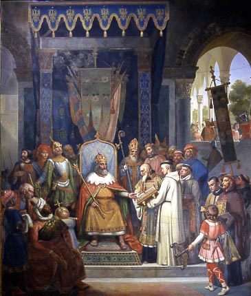 Karel de Grote ontvangt Alcuin die hem een manuscript aanbiedt. Schildering Jean-Victor Schnetz, 1830. Bron: Wikipedia.org.