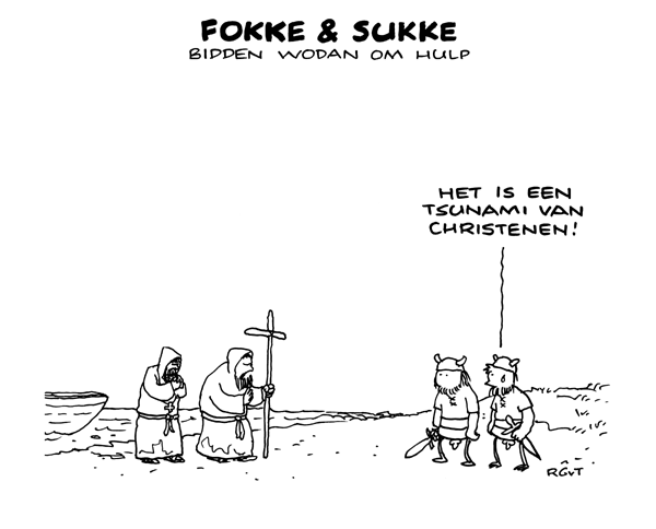 Fokke en Sukke zien de Angelsaksische missionarissen komen. Uit: De historische canon van Fokke & Sukke, 2007. Bron: entoen.nu.
