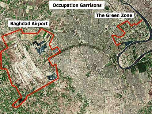 De zwaarbewaakte  Green Zone en de luchthaven van Bagdad. bron: wikimedia commons