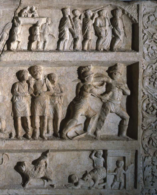 Pompeï, 20-50 n. Chr. In drie lagen zijn de belangrijkste onderdelen van een dagprogramma in een amfitheater te zien. De centrale scène toont gladiatorengevechten. Foto: GRM. Bruikleen : Napels, Nationaal Archeologisch Museum