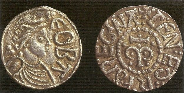 Zilveren penny van Cynethryth, de vrouw van Offa. Bron: Gareth Williams, Early Anglo-Saxon coins, Shire Archaeology nr. 89 (Oxford 2008) 37.